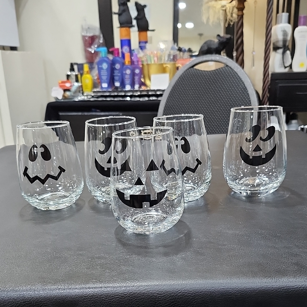 SET of 5 HALLOWEEN JACK O'LANTERN STEMLESS WINE GLASSES